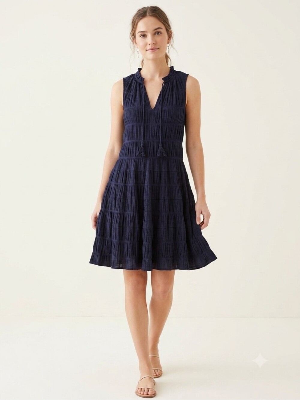 Max Studio Navy Textured Tiered V-Neck Mini Dress